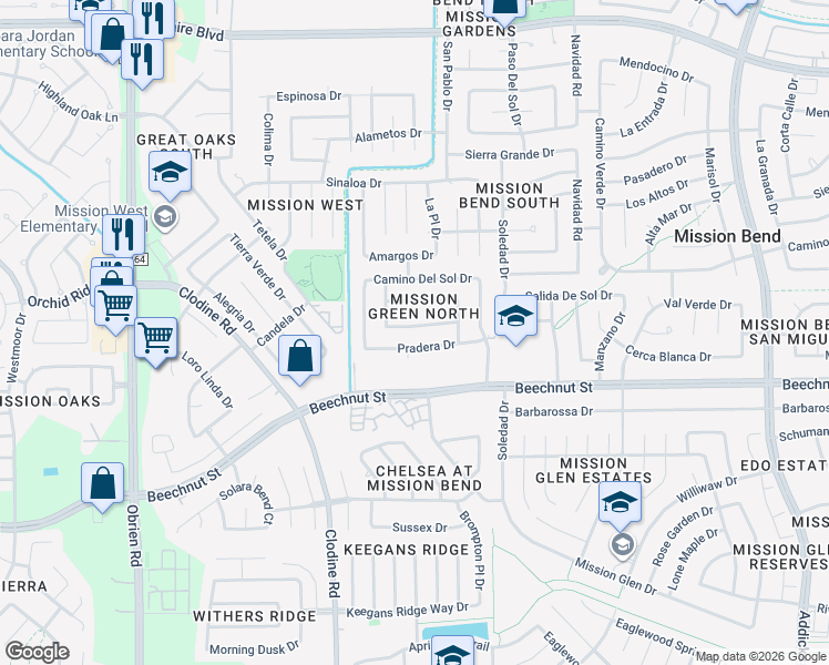 map of restaurants, bars, coffee shops, grocery stores, and more near 16506 Canario Drive in Houston