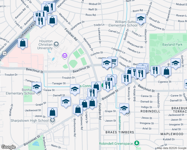 map of restaurants, bars, coffee shops, grocery stores, and more near 8134 Fondren Road in Houston
