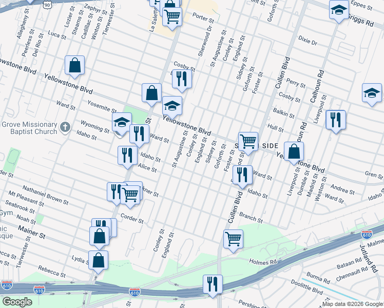 map of restaurants, bars, coffee shops, grocery stores, and more near 6727 Conley Street in Houston