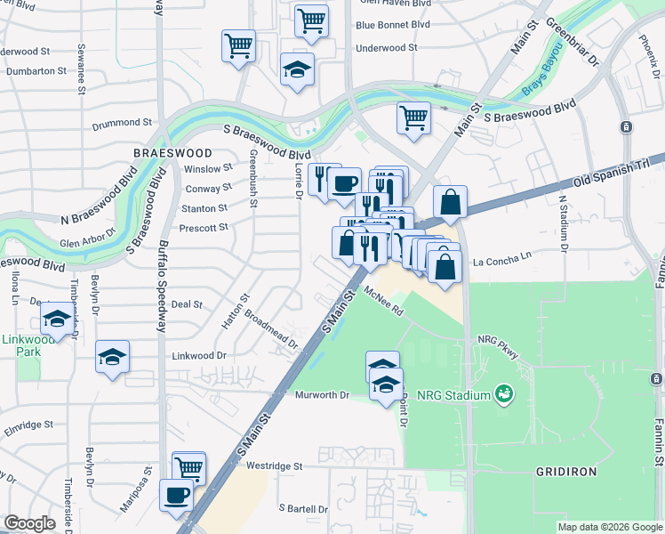 map of restaurants, bars, coffee shops, grocery stores, and more near 8610 South Main Street in Houston