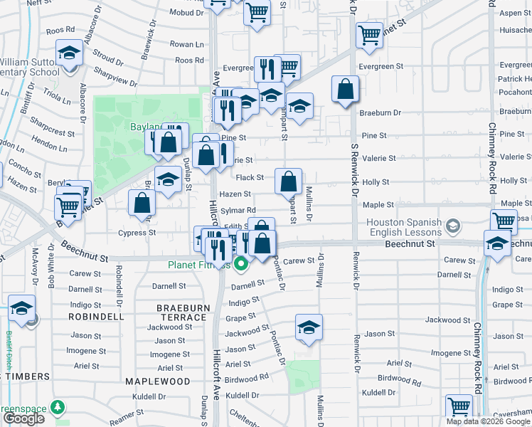 map of restaurants, bars, coffee shops, grocery stores, and more near 5630 Sylmar Road in Houston