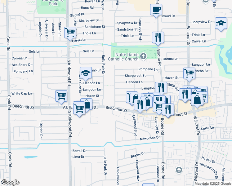 map of restaurants, bars, coffee shops, grocery stores, and more near 8010 Baneway Drive in Houston