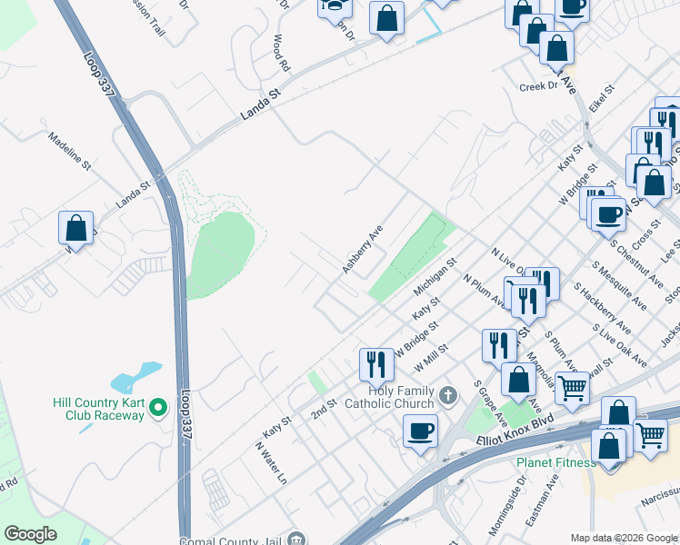 map of restaurants, bars, coffee shops, grocery stores, and more near 1115 Ashberry Avenue in New Braunfels