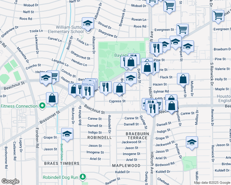 map of restaurants, bars, coffee shops, grocery stores, and more near 8128 Braewick Drive in Houston