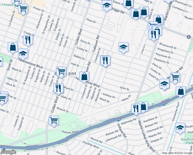 map of restaurants, bars, coffee shops, grocery stores, and more near 6602 Madrid Street in Houston