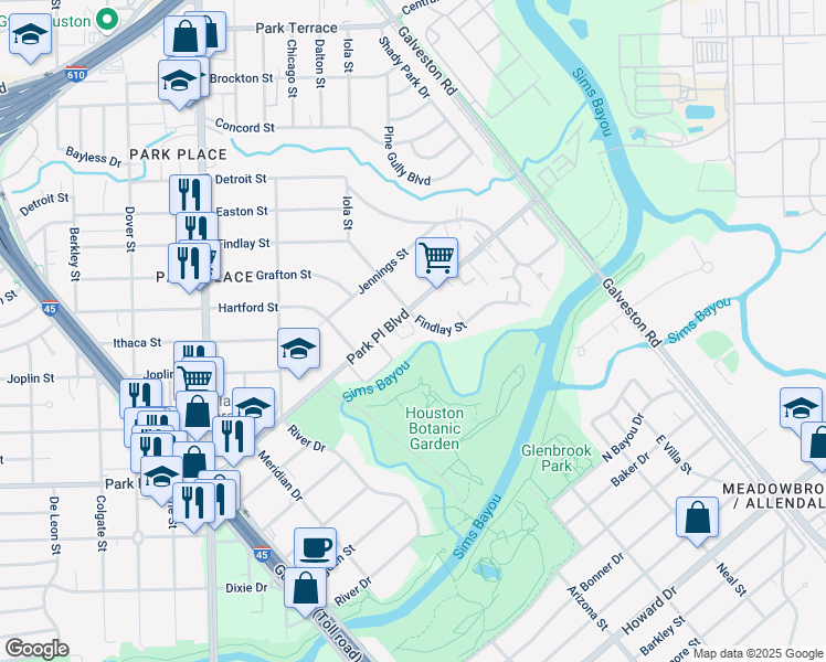 map of restaurants, bars, coffee shops, grocery stores, and more near 8301 Park Place Boulevard in Houston