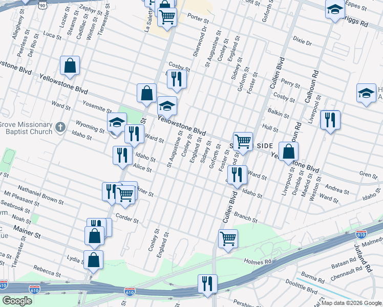 map of restaurants, bars, coffee shops, grocery stores, and more near 6727 Conley Street in Houston