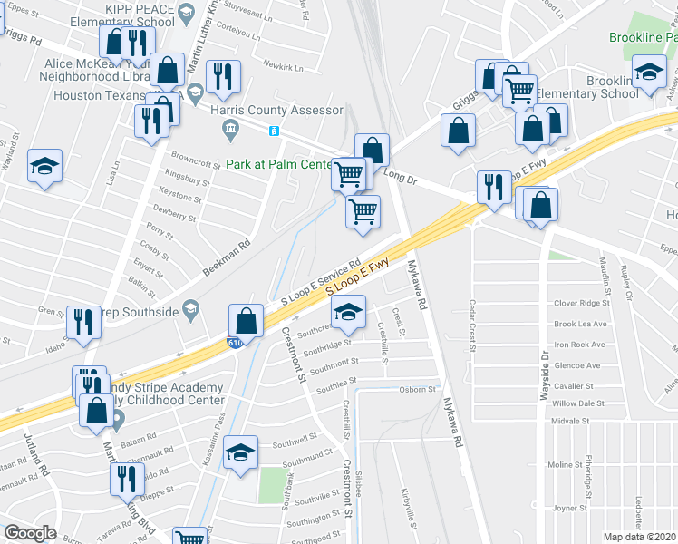 map of restaurants, bars, coffee shops, grocery stores, and more near 5975 S Loop E Fwy in Houston