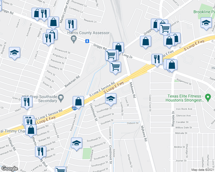 map of restaurants, bars, coffee shops, grocery stores, and more near 5973 South Loop East Freeway in Houston