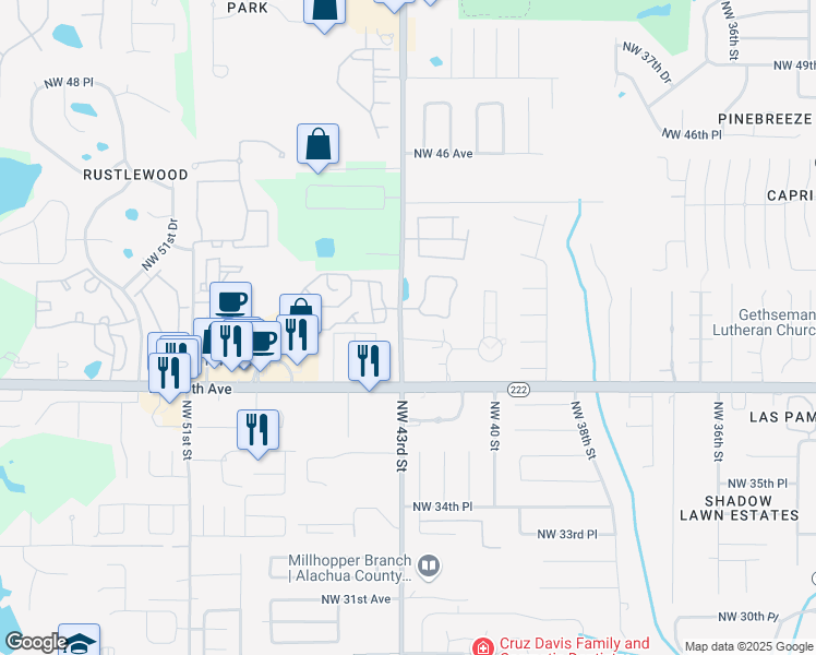 map of restaurants, bars, coffee shops, grocery stores, and more near 4100 Northwest 43rd Street in Gainesville