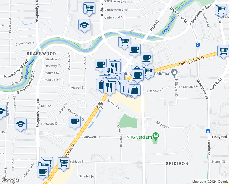 map of restaurants, bars, coffee shops, grocery stores, and more near 8667 South Main Street in Houston