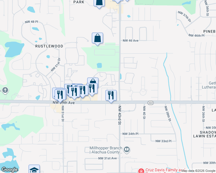 map of restaurants, bars, coffee shops, grocery stores, and more near 4109 Northwest 44th Court in Gainesville