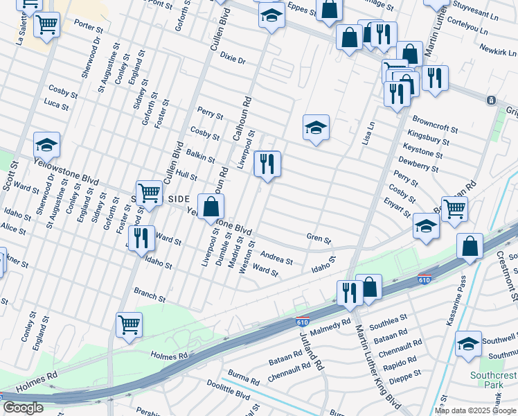 map of restaurants, bars, coffee shops, grocery stores, and more near 4903 Hull Street in Houston