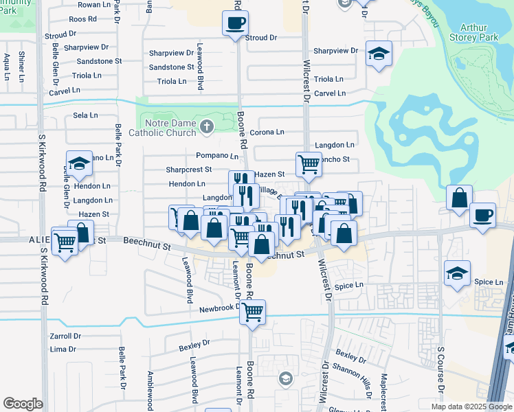 map of restaurants, bars, coffee shops, grocery stores, and more near 11131 Village Bend Lane in Houston