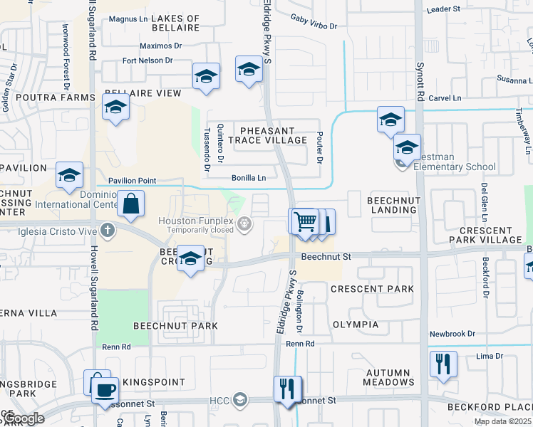 map of restaurants, bars, coffee shops, grocery stores, and more near Wild Rose Street in Houston