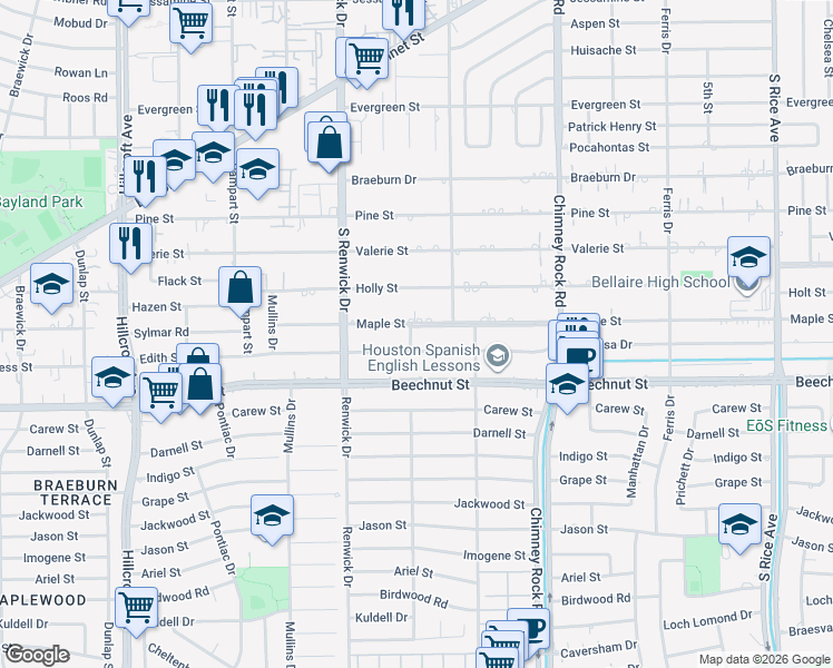 map of restaurants, bars, coffee shops, grocery stores, and more near 5427 Maple Street in Houston