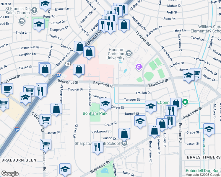 map of restaurants, bars, coffee shops, grocery stores, and more near 7511 Beechnut Street in Houston
