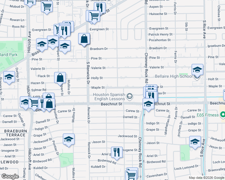 map of restaurants, bars, coffee shops, grocery stores, and more near 5427 Maple Street in Houston