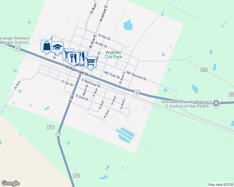 map of restaurants, bars, coffee shops, grocery stores, and more near 1008 South Railroad Street in Waelder