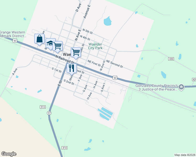 map of restaurants, bars, coffee shops, grocery stores, and more near 1008 South Railroad Street in Waelder