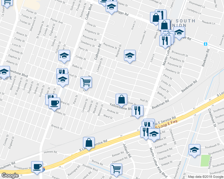 map of restaurants, bars, coffee shops, grocery stores, and more near 4911 Hull Street in Houston
