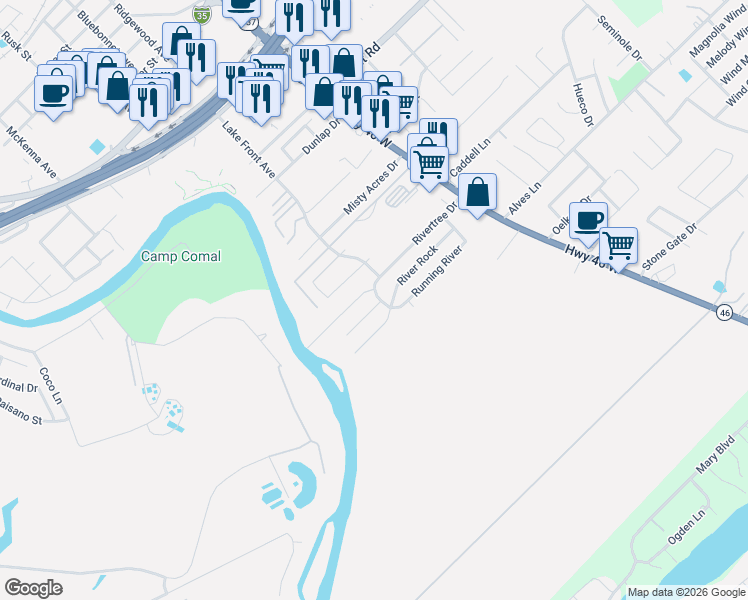 map of restaurants, bars, coffee shops, grocery stores, and more near 981 Rio Verde in New Braunfels