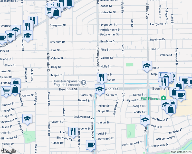 map of restaurants, bars, coffee shops, grocery stores, and more near 5301 Maple Street in Houston