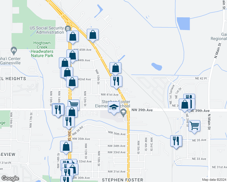 map of restaurants, bars, coffee shops, grocery stores, and more near 4119 Northwest 7th Street in Gainesville
