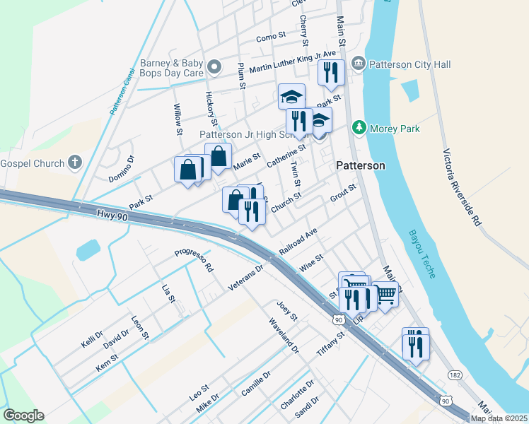 map of restaurants, bars, coffee shops, grocery stores, and more near 1101 Lee Street in Patterson