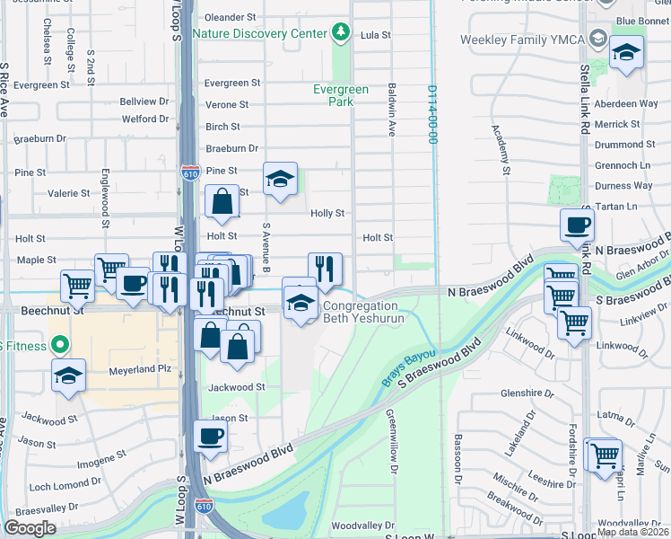 map of restaurants, bars, coffee shops, grocery stores, and more near 4511 Maple Street in Bellaire