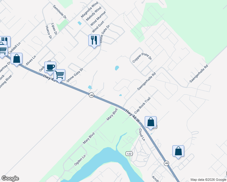 map of restaurants, bars, coffee shops, grocery stores, and more near 1275 Texas 46 in New Braunfels