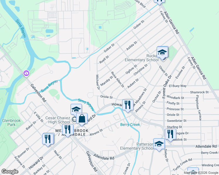map of restaurants, bars, coffee shops, grocery stores, and more near 1438 Ogilvie Street in Houston