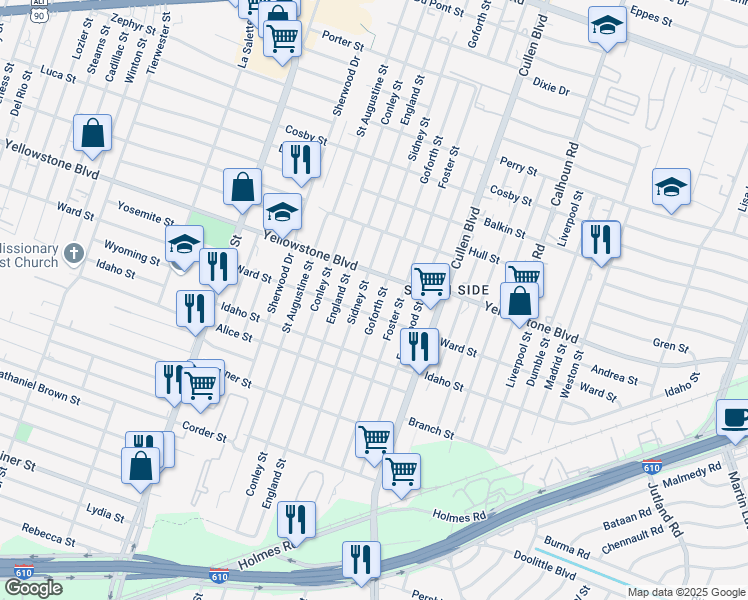 map of restaurants, bars, coffee shops, grocery stores, and more near 6739 Sidney Street in Houston