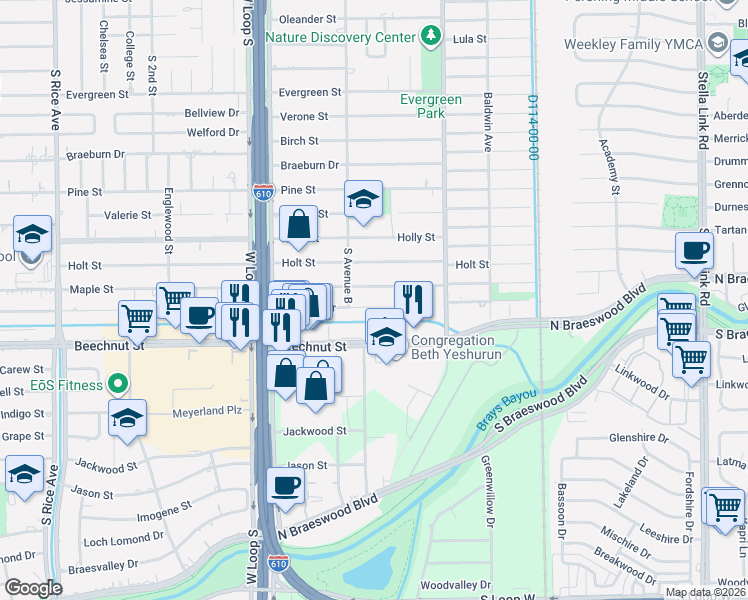 map of restaurants, bars, coffee shops, grocery stores, and more near 4527 Maple Street in Bellaire