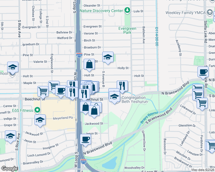 map of restaurants, bars, coffee shops, grocery stores, and more near 4527 Maple Street in Bellaire