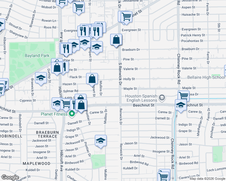 map of restaurants, bars, coffee shops, grocery stores, and more near 5515 Maple Street in Houston