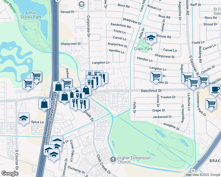 map of restaurants, bars, coffee shops, grocery stores, and more near 9236 Westwood Village Drive in Houston
