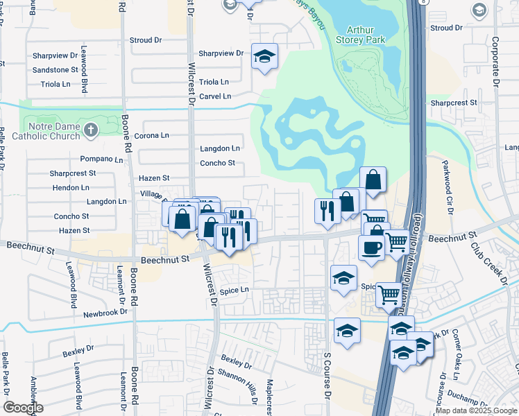 map of restaurants, bars, coffee shops, grocery stores, and more near 10534 Beechnut Street in Houston