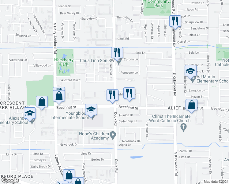 map of restaurants, bars, coffee shops, grocery stores, and more near 7920 Cook Road in Houston