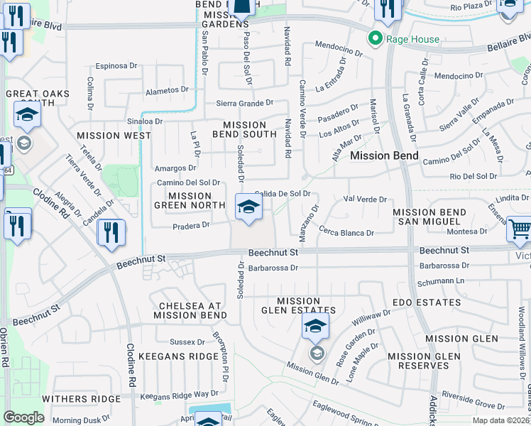 map of restaurants, bars, coffee shops, grocery stores, and more near 7811 Hablo Drive in Houston
