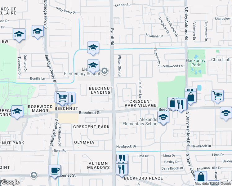 map of restaurants, bars, coffee shops, grocery stores, and more near 8006 Montague Manor Lane in Houston