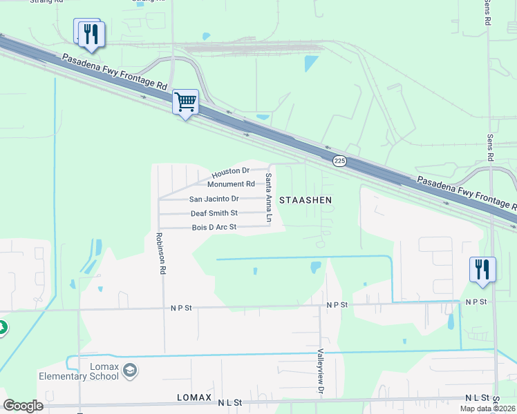 map of restaurants, bars, coffee shops, grocery stores, and more near 11036 San Jacinto Drive in La Porte