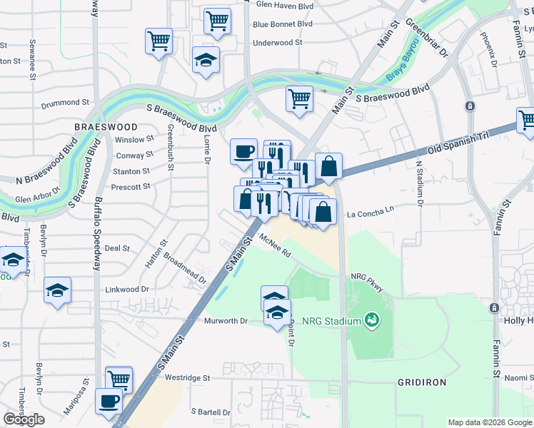 map of restaurants, bars, coffee shops, grocery stores, and more near 10191 Main Street in Houston