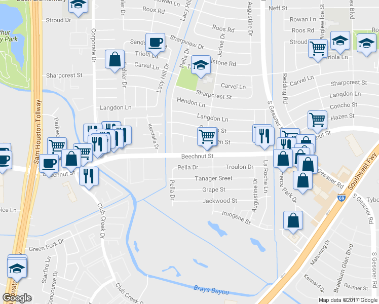 map of restaurants, bars, coffee shops, grocery stores, and more near 9034 Beechnut Street in Houston