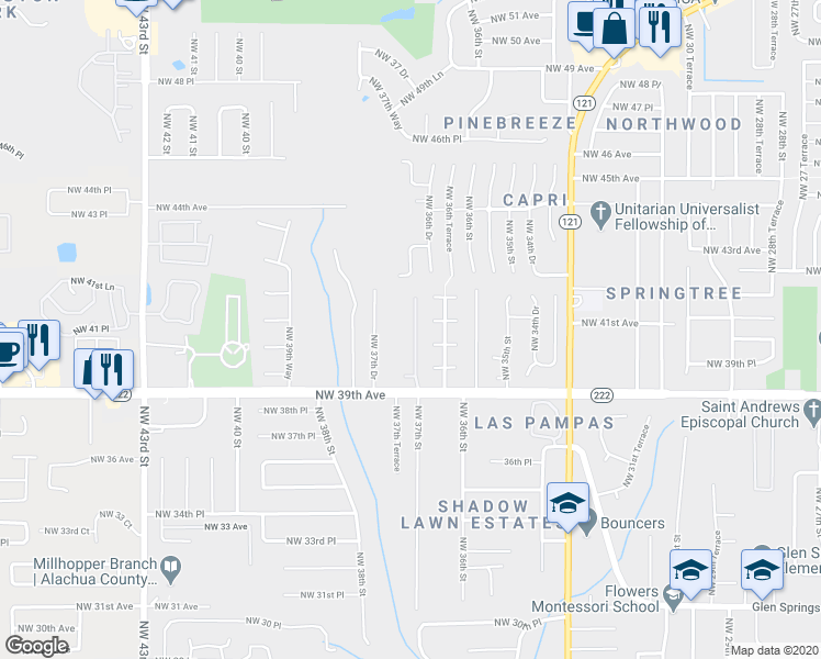 map of restaurants, bars, coffee shops, grocery stores, and more near 4162 Northwest 37th Terrace in Gainesville