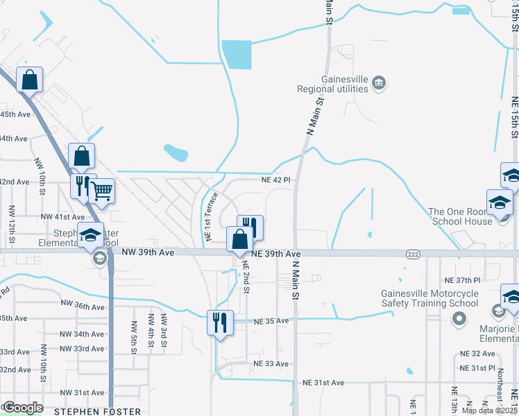 map of restaurants, bars, coffee shops, grocery stores, and more near 230 Northeast 40 Lane in Gainesville
