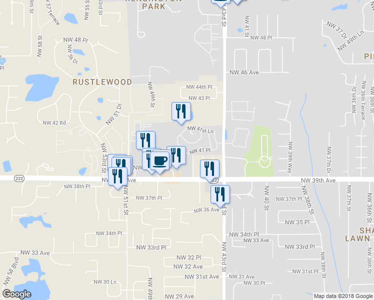map of restaurants, bars, coffee shops, grocery stores, and more near 4600 Northwest 41st Place in Gainesville