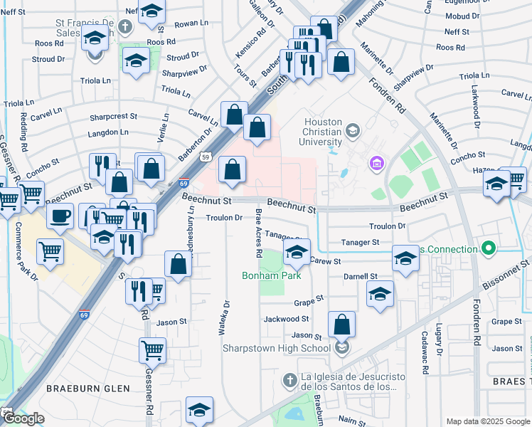 map of restaurants, bars, coffee shops, grocery stores, and more near 7630 Troulon Drive in Houston
