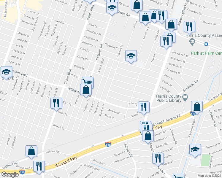 map of restaurants, bars, coffee shops, grocery stores, and more near 4903 Hull Street in Houston