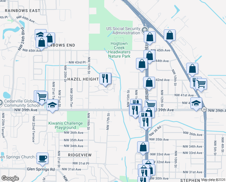 map of restaurants, bars, coffee shops, grocery stores, and more near 4056 Northwest 16th Terrace in Gainesville